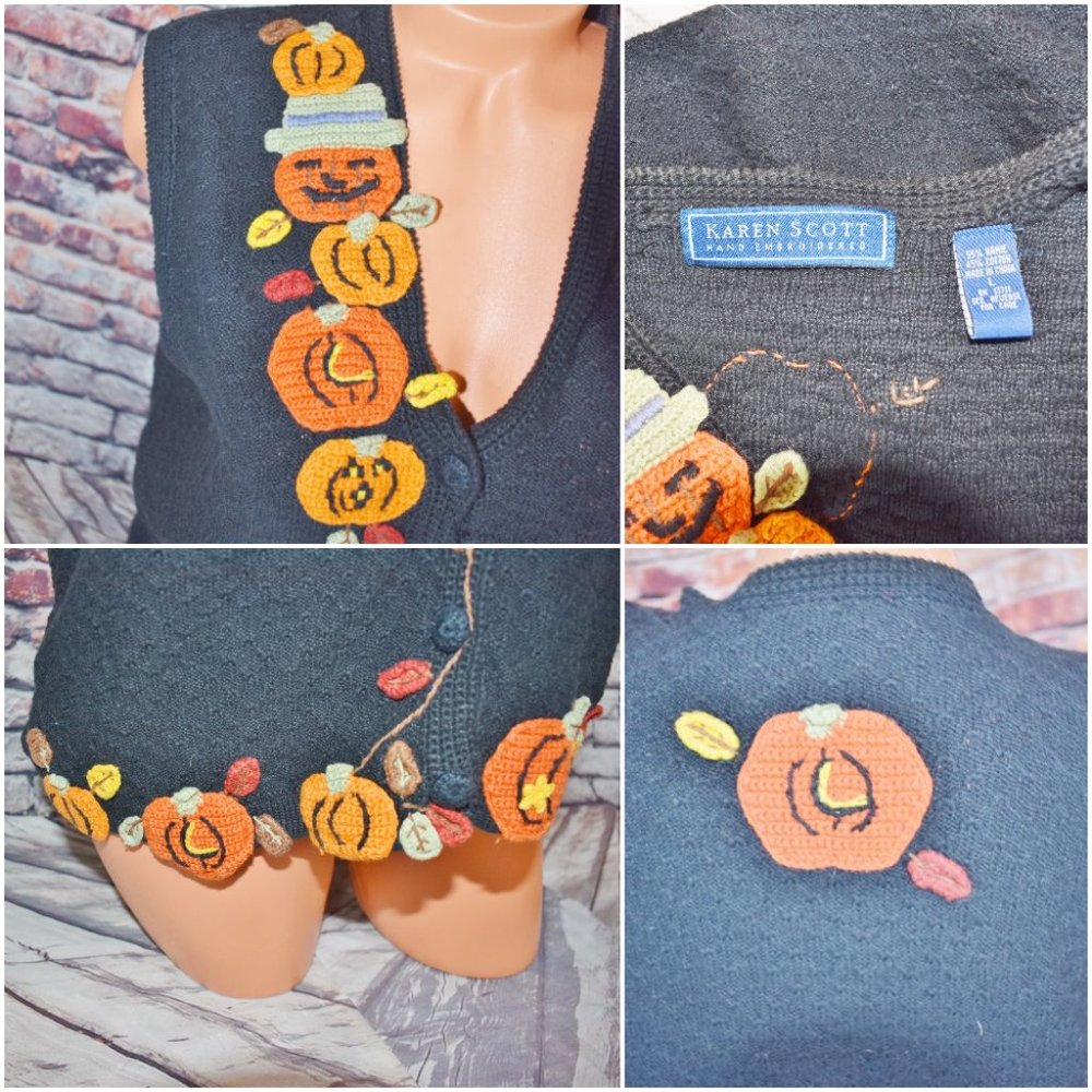 Karen Scott Large Halloween Vest Pumpkin Leaves Hand Embroidered - Picture 3 of 12